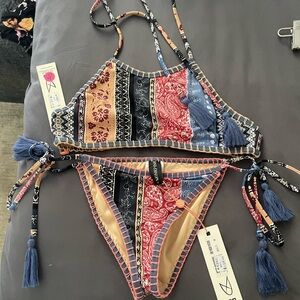 MINKPINK Patchwork Bikini in Red, Blue, and Cream